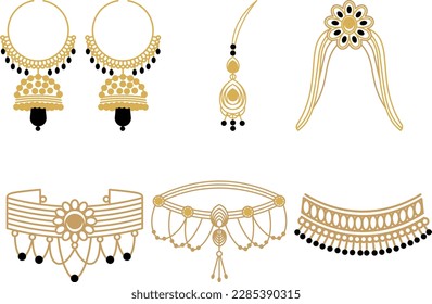 Set of gold jewelry necklaces and earrings. Vector illustration