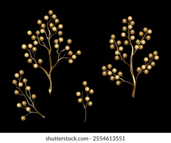 Set of gold, jewelry, shiny twigs of Winterberry Holly on black background. Golden Winterberry Holly.Winter Natural Decoration.