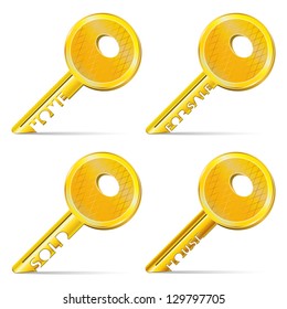 Set of Gold Keys in the form of inscriptions: House, Sold, for Sale. Objects on White Background. Vector illustration.
