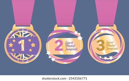 Conjunto de Plantillas de medallas deportivas de oro para niños con cinta rosa, estilo realista aislado sobre fondo oscuro. Vector colección de premios deportivos con ranking para chica sport, para gimnasia rítmica