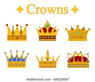 Set of gold king crown or pope tiara. Royal crown for queen or princess, prince or emperor in vintage or retro style. May be used for coronation or old royalty, jewelry theme, heraldic medieval crown