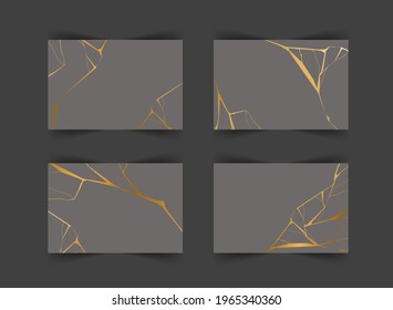 Set of gold kintsugi backgrounds. Crack and broken effects. Marble texture. Luxury design for wall art, wallpaper, wedding card, social media. Modern vector illustration.