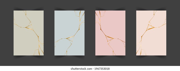 Set of gold kintsugi backgrounds. Crack and broken effects. Marble texture. Luxury design for wall art, wallpaper, wedding card, social media. Modern vector illustration.