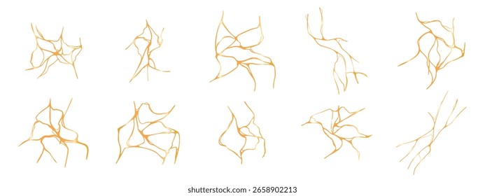 Set of gold kintsugi crack shapes. Japanese golden elements isolated on white bg. Elegant vector collection