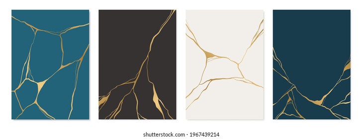 Set of gold kintsugi poster design. Japanese art of repairing broken pottery. Vector crack pattern for home prints, posters, wallpapers. Golden material of kintsugi restoration technique. 