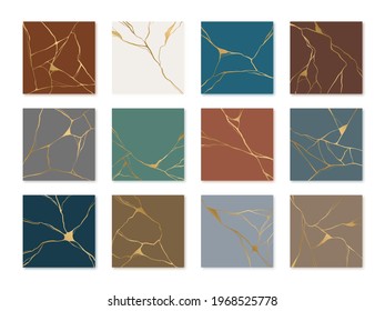 Set of gold kintsugi poster design. Vector crack pattern for home prints, posters, wallpapers. Golden material of kintsugi restoration technique. Japanese art of repairing broken pottery. 