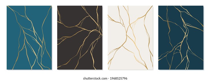 Set of gold kintsugi poster design. Japanese art of repairing broken pottery. Vector crack pattern for home prints, posters, wallpapers. Golden material of kintsugi restoration technique. 