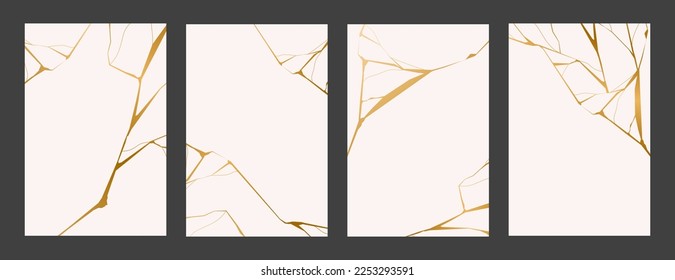 Set of gold kintsugi posters. Crack and broken effects. Marble texture. Luxury design for posters, wall art, wallpaper, wedding card, social media. Modern vector illustration. Japanese style.