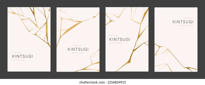 Set of gold kintsugi posters. Crack and broken effects. Marble texture. Luxury design for posters, wall art, wallpaper, wedding card, social media. Modern vector illustration. Japanese style.