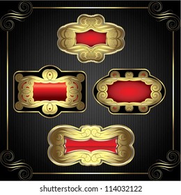 Set of gold labels on black striped background