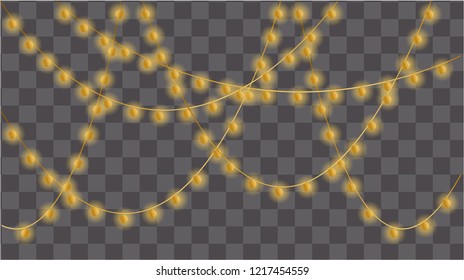 Set of gold lamps garlands, festive decorations. Glowing christmas lights isolated on transparent background. Vector. EPS-10