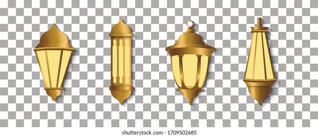 Set of Gold lanterns. Arabic shining lamps. Isolated hanging realistic lamps suitable for use in Islamic design ornament. Effects of transparent vector background