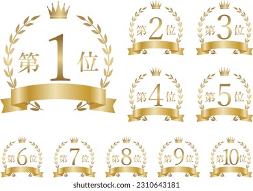 Set of Gold Laurel and Ribbon Ranking Icons