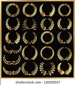 Set from gold laurel wreath on the black background