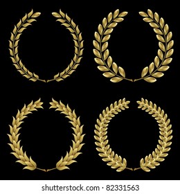 Set from  gold laurel wreath on the black background