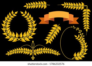 Conjunto de flechas de laurel dorado, marco ovalado y ramas para el diseño sobre el fondo negro. Ilustración vectorial.