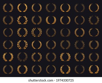 Set of gold laurel wreaths. Laurel branches frames collection. Floral round frames of leaves. Vintage decorative elements for awards, medals, achievement, emblem, premium quality, ornate and logo.