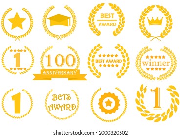Conjunto de coronas y etiquetas de laurel de oro.Signo, símbolo, icono o logotipo aislado.Diseño plano.Ilustración vectorial de dibujos animados.Certificado de apreciación, iconos de diploma de premio.Mejor precio, ganador o aniversario.