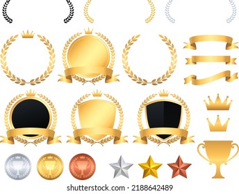 Set of gold laurels, frames and ribbons