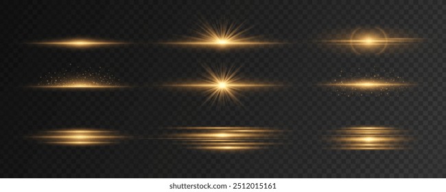 Conjunto de efectos de luz dorada sobre un fondo transparente oscuro. Brillantes destellos dorados y resplandores. Abstractas rayos de luz. Vibraciones ligeras. Líneas láser brillantes. Ilustración vectorial. EPS 10.