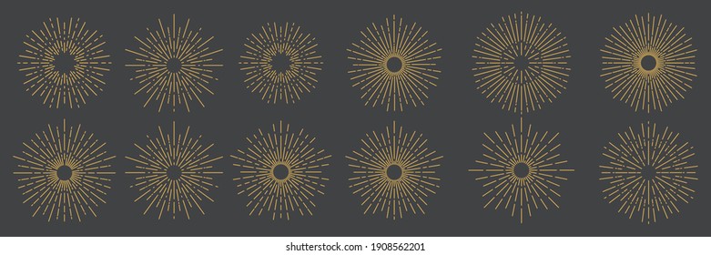 Set of gold light rays, sunburst and rays of sun. Design elements, linear drawing, vintage hipster style. Light rays sunburst, Vector icon Illustration