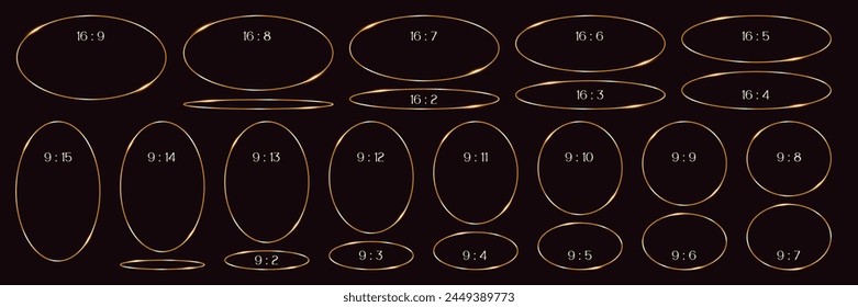 Set Gold Line Rahmen Ovale Form, dünne Ellipse Luxus Rahmen im Art Deco Stil, verschiedene Formate