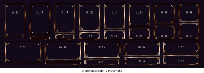 set gold line frames of rectangular shape, thin luxury borders in art deco steampunk style for textbox, app, web