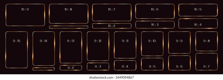 marco de línea de oro de forma rectangular, bordes finos de lujo en estilo art deco, diferentes formatos para caja de texto, App, Web