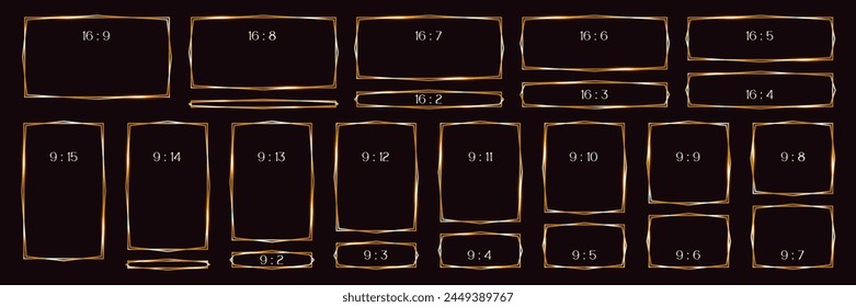 set gold line frames of rectangular shape, thin luxury borders geometric in art deco style, many formats