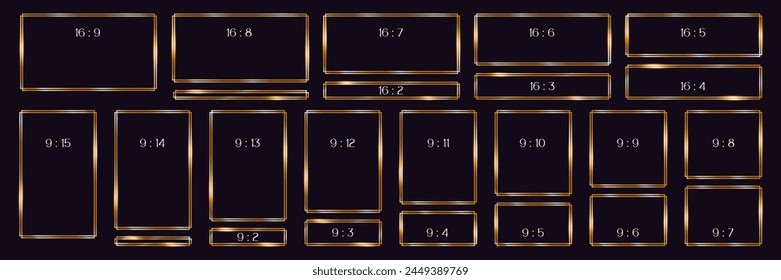 set gold line frames of rectangular shape, thin twin luxury borders in art deco style