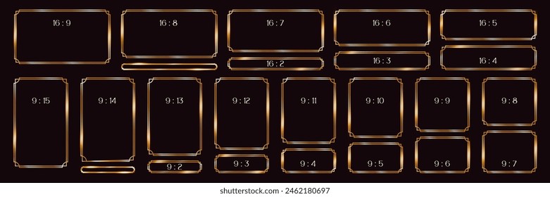 marco de línea de oro en forma rectangular, bordes finos de lujo en art deco, estilo geométrico, diferentes formatos