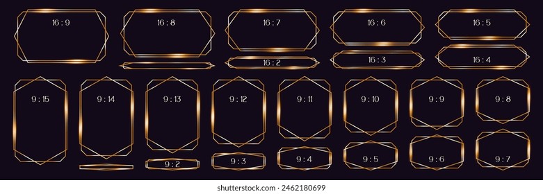 set gold line frames rectangular shape, thin luxury borders in art deco style, 16:9 formats for textbox, app