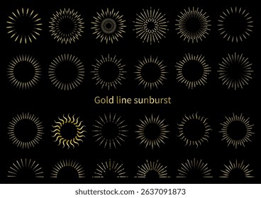 Set of gold line glittering sunbursts