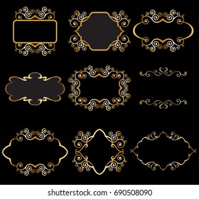 Set of gold linear  frame for graphic design on black background. Elegant graceful frame, filigree border in vintage style for wedding invitations, card, logo, icon. 