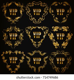 Set of gold linear vip monograms for graphic design on black background. Elegant graceful frame, filigree border in vintage style for wedding invitations, card, logo, icon. Vector illustration EPS 10.