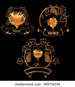 Set of gold logos for wine attribute with grapes and glass