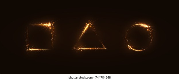 Set of gold luminous frames. Shining golden ring, square, triangle, on a dark background. Vector illustration