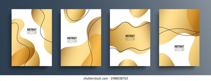 Set of gold luxury abstract backgrounds with various golden dynamic shapes and black outlines for your creative graphic design. Vector illustration.