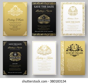 Set of gold luxury flyer pages set with logo ornament illustration concept. Vintage art identity, card, trendy, floral, invitation elements. Vector decorative retro greeting card or invitation design