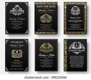 Set of gold luxury flyer pages set with logo ornament illustration concept. Vintage art identity, card, trendy, floral, invitation elements. Vector decorative retro greeting card or invitation design