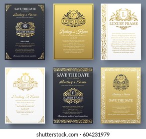 Set of gold luxury flyer pages set with logo ornament illustration concept. Vintage art identity, card, trendy, floral, invitation elements. Vector decorative retro greeting card or invitation design