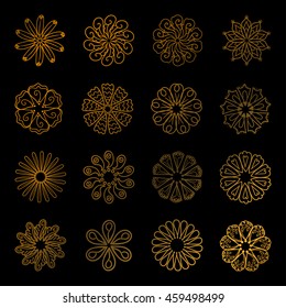 Set of gold mandala. Circle ornament for your design. golden stickers, flash temporary tattoo, yoga design, cards and prints