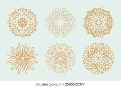 Set of gold mandala lights green background for yoga, meditation, invitations, posters, cards