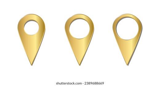 Set of gold markers. Map pointer icon. Location pin isolated on white background. Vector navigation symbol.