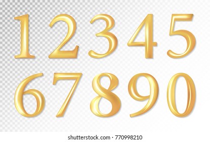 Set of gold matt metal vector numbers, from 1 to 0. Vector image. Transparent background.