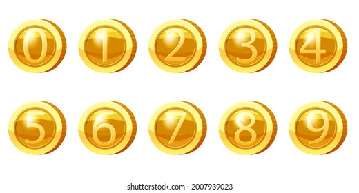 Set Gold Medal Coins Numbers from 0 to 9 symbols. Golden tokens for games, user interface asset elements. Vector illustration