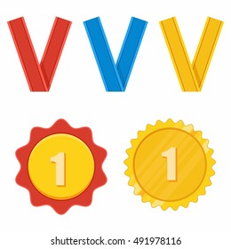 Set of Gold medal icon. Flat cartoon vector medal illustration. Objects isolated on a white background.