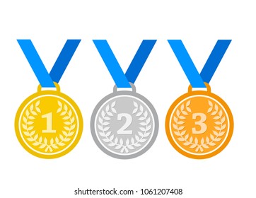 Set of gold medal, silver and bronze. Medals icons in flat style isolated on blue background. Medals Vector