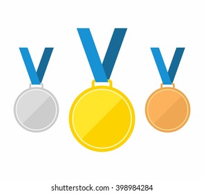 Set of gold medal, silver medal and bronze medal. Medals icons in flat style. Medals Icons isolated on white background. Medals Vector