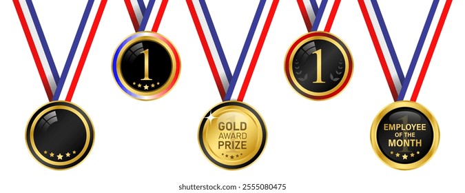 Set Gold medals with blue white and red ribbon trophy medal with metal reward badge for winners and champions